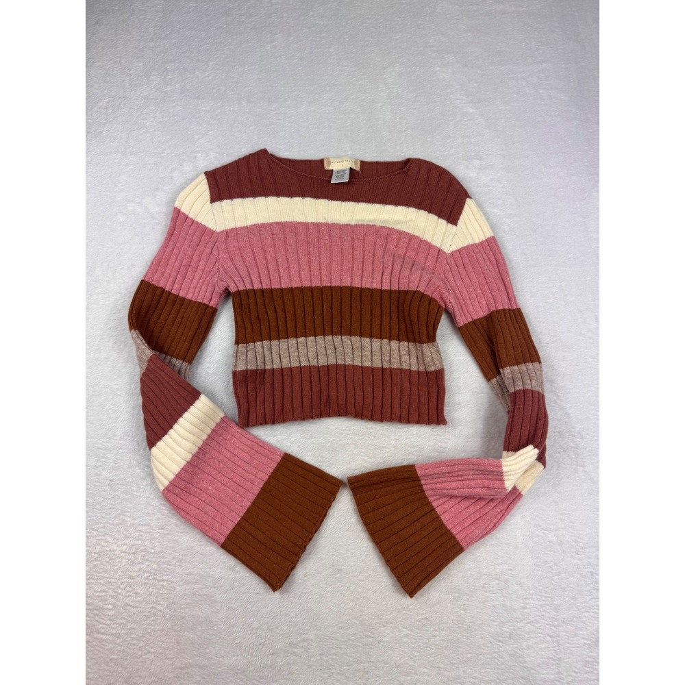 Altar'd State Multi Color Striped Cropped Ribbed Bell Sleeve Sweater S